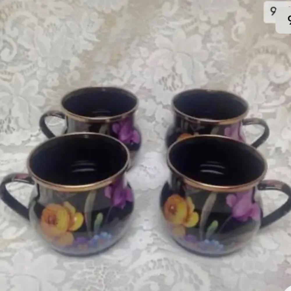 MacKenzie Childs Black Flower Market Enamel 144 oz-4.5 Qts Tea Kettle w/ 4 Mugs - Picture 9 of 11